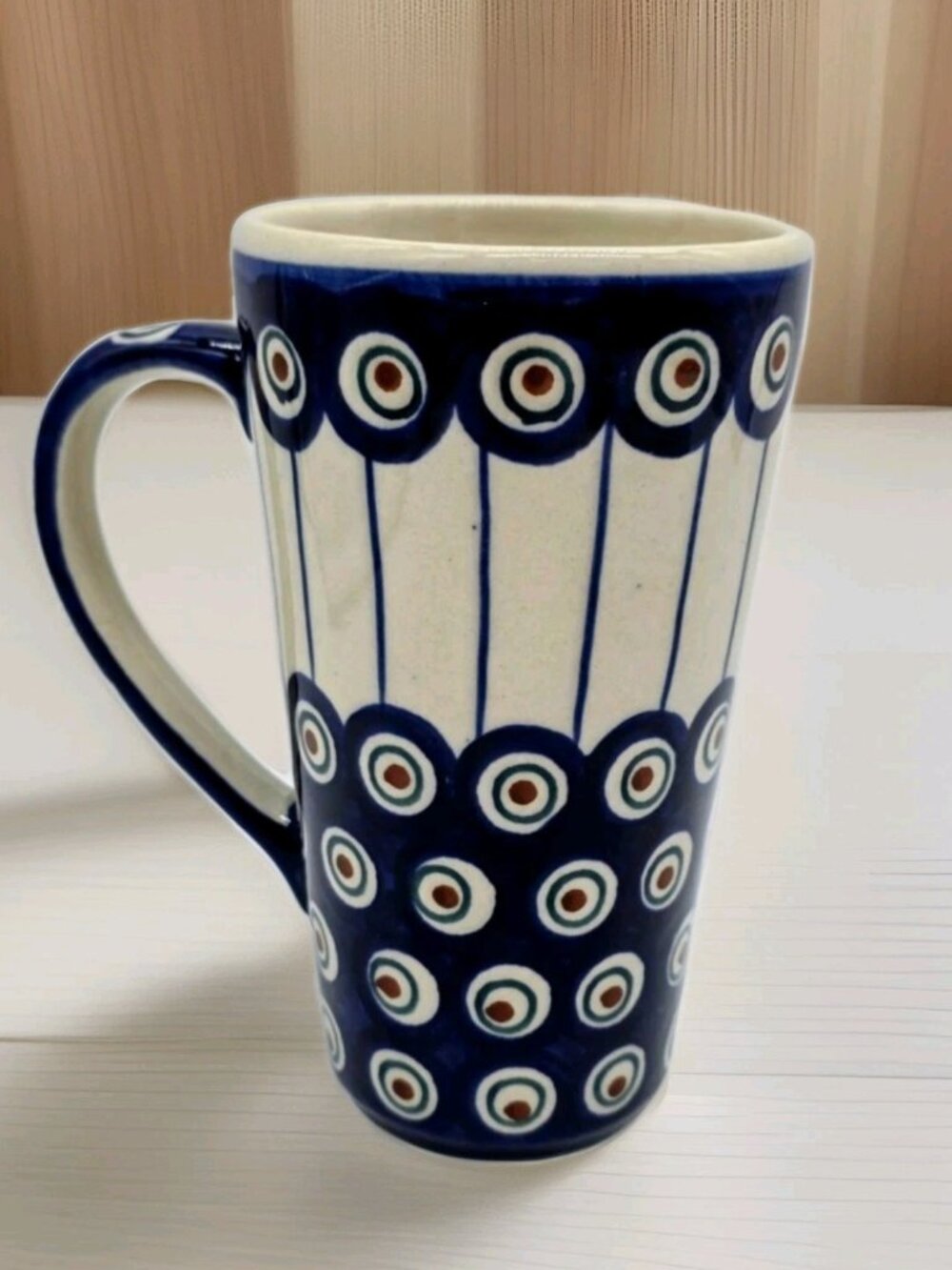 Boleslawiec Handmade Poland Pottery Tall Coffee Cup Mug Peacock Boho Polish